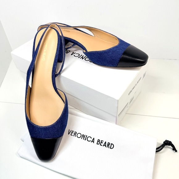 Veronica Beard Shoes - Veronica Beard Cecile Denim Cap Toe Slingback Heels Women's 9 Leather Italy NEW